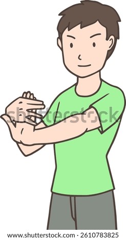 A man stretching the inner elbow by pulling on the other hand with one hand
