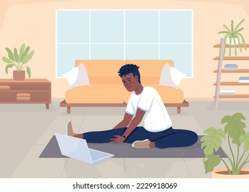 Man stretching legs flat color vector illustration. Sportsman streaming domestic training. Video blogger exercising. Fully editable 2D simple cartoon character with living room on background