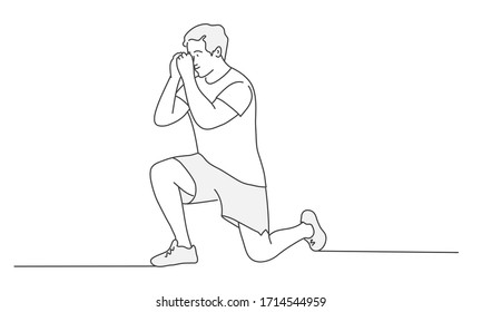 Man stretching legs outdoors doing forward lunge. Contour drawing vector illustration.