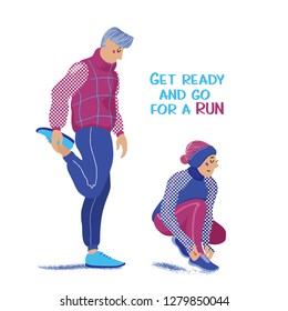 Man stretching legs and woman tying laces before running in winter, flat cartoon vector illustration on white background. Getting ready for running in winter - stretching and dressing in warm clothes