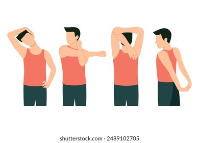 Man stretching posture for aches treatment at shoulder, arm, neck and back flat vector illustration