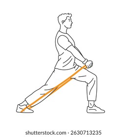 Alongamento de homem com banda de resistência em pose controlada, ilustração de esboço de fitness para alongamento tutoriais, alongamento de mobilidade