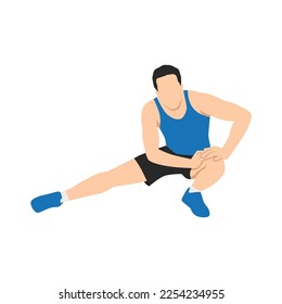 Man stretching thighs and leg before workout. Flat vector illustration isolated on white background