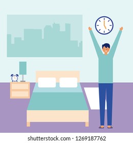 man stretching waking up in the room