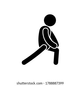 Hombre estirando para calentarse antes de correr o hacer ejercicio en fondo blanco.Icono del vector de gimnasia .Carácter en ropa deportiva.Diseño gráfico Señales Símbolos Ilustración.Fitness y concepto de estilo de vida saludable.