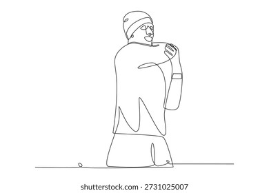 Homem se alongando no inverno. Exercícios de inverno ao ar livre desenho de uma linha