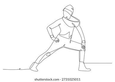 Homem se alongando no inverno. Exercícios de inverno ao ar livre desenho de uma linha