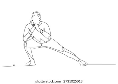 Homem se alongando no inverno. Exercícios de inverno ao ar livre desenho de uma linha