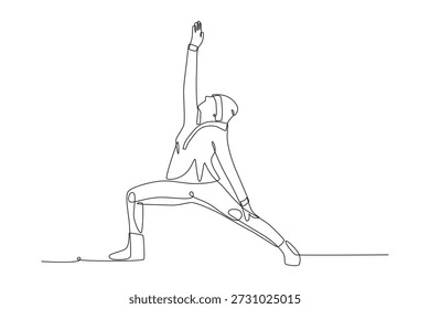 Homem se alongando no inverno. Exercícios de inverno ao ar livre desenho de uma linha
