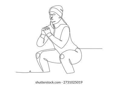 Homem se alongando no inverno. Exercícios de inverno ao ar livre desenho de uma linha