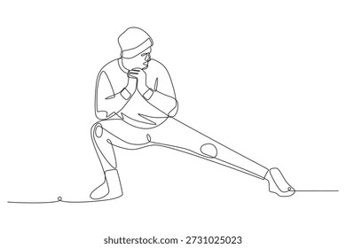 Homem se alongando no inverno. Exercícios de inverno ao ar livre desenho de uma linha