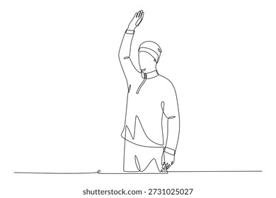Homem se alongando no inverno. Exercícios de inverno ao ar livre desenho de uma linha