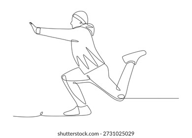 Homem se alongando no inverno. Exercícios de inverno ao ar livre desenho de uma linha
