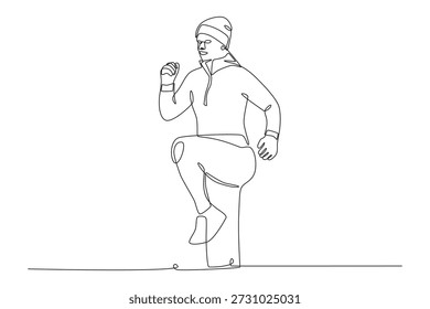 Homem se alongando no inverno. Exercícios de inverno ao ar livre desenho de uma linha
