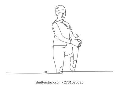 Homem se alongando no inverno. Exercícios de inverno ao ar livre desenho de uma linha