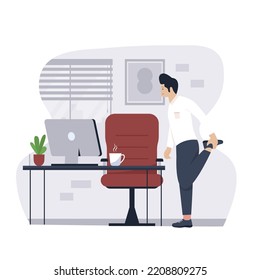 Man stretching at workplace. Illustration for websites, landing pages, mobile applications, posters and banners. Trendy flat vector illustration