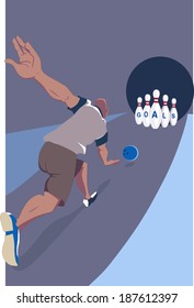 Man striking bowling pins with the word goals written on them in a bowling alley, conceptual vector illustration