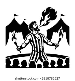 Man in striped costume breathing fire with torches at circus
