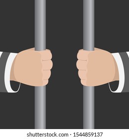 Man In Striped Uniform Holding Jail Bars. Cartoon. Vector Illustration.