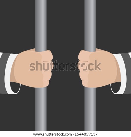 Man in striped uniform holding jail bars. Cartoon. Vector illustration.
