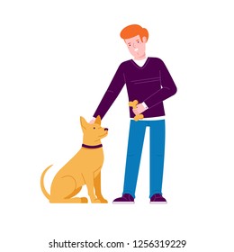 A man stroking a dog and holding a bone in his hands. The dog looks at the man. Color vector illustration