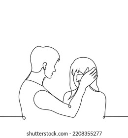 man stroking woman's head - one line drawing vector. concept heterosexual couple; comfort or caress, support and encourage