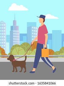 Man stroll through city park with his pet and shopping bag. Guy walking with small dog on leash. Person and puppy on cityscape background. Summer warm weather. Vector illustration in flat style