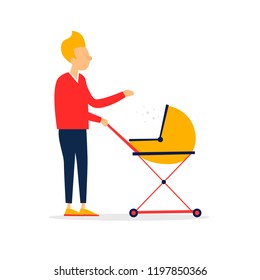 Man with a stroller. Flat style vector illustration.