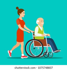 Man strolling with elder grey haired man in wheelchair. Vector flat style illustration