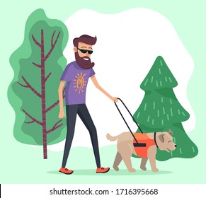 Man strolling in forest among spruces and trees. Person walk with his pet on leash, harness. Hipster in glasses walking domestic dog, labrador or retriever. Vector illustration in flat style