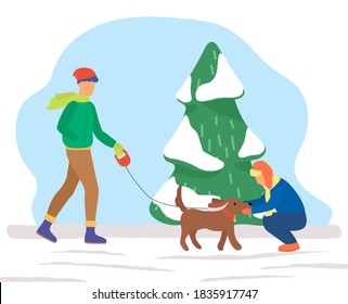 Man Strolling With His Dog In Winter Park. People Dressed In Warm Clothes Like Overcoat, Scarf And Hat. Guy Walking With Pet On Leash. Boy Playing With Domestic Animal. Vector Illustration In Flat