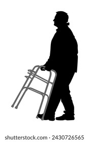 Man strolls with walker vector silhouette illustration isolated white background. Injured person walking with help assist tool. Health care activity after hospital treatment. traffic accident victim.