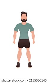 A man of strong build is standing. Isolated. Cartoon style. Vector illustration