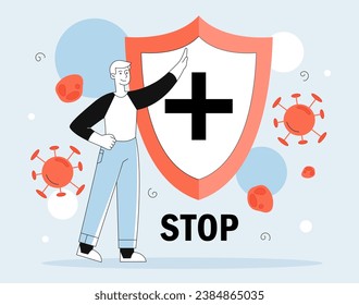 Man with strong immune system concept. Young guy near shield with bacterius and viruses. Health care and treatment. Preventon and protection of illness. Linear flat vector illustration