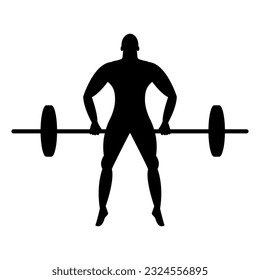 Man strongman lifts the bar. Black silhouette. Bodybuilder.