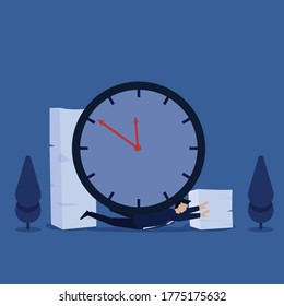 Man struck down by clock and paperwork metaphor of hard work and overwork. Business flat vector concept illustration.