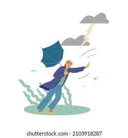 Man struggle against wind with his broken umbrella blown away, vector illustration. Thunderstorm and windy storm weather flat concept.