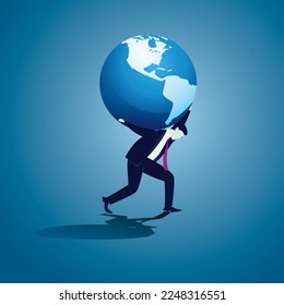 Man struggle to hold and carrying earth globe on his back, business metaphor concept of hard work and determination, vector illustration