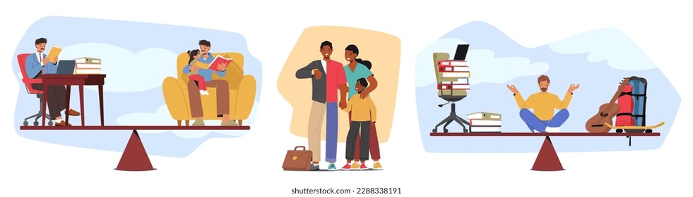 Man Struggles To Balance His Career And Family Life. The Picture Representing Work-life Balance, Stress, Or Family-related Content with Busy Male Character. Cartoon People Vector Illustration