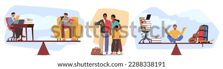 Man Struggles To Balance His Career And Family Life. The Picture Representing Work-life Balance, Stress, Or Family-related Content with Busy Male Character. Cartoon People Vector Illustration