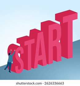 A man struggles to climb a high starting point. A metaphorical illustration of the first step, starting out and the starting line in business.