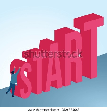 A man struggles to climb a high starting point. A metaphorical illustration of the first step, starting out and the starting line in business.