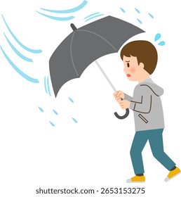 Um homem luta com seu guarda-chuva a um vento forte