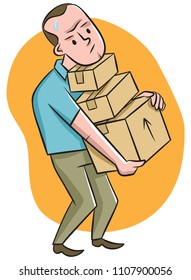 A man struggles to lift several boxes at once.