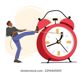 Man Struggles To Reverse Direction Of Oversized Alarm Clock Arrows, Panicking As Time Runs Out. Male Character Trying to Back Time Pulling Arrows with Rope. Cartoon People Vector Illustration