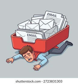 A man struggles under the weight of a large inbox overflowing with emails, symbolizing email overload and stress.