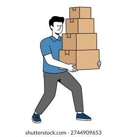 Man struggling to carry a heavy stack of cardboard boxes, representing logistics, delivery, moving, or storage challenges with a sense of effort.