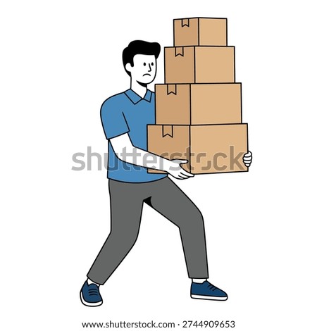 Man struggling to carry a heavy stack of cardboard boxes, representing logistics, delivery, moving, or storage challenges with a sense of effort.