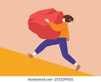 Um homem lutando para carregar um pedregulho vermelho enorme até um declive íngreme. Uma ilustração calorosa e minimalista que simboliza trabalho duro, perseverança e fardo