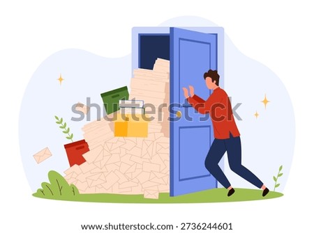 Man struggling to close a door overflowing with paperwork, letters, and folders, representing information overload, bureaucracy, or office stress, isolated on white background vector illustration